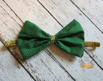 Green & Gold Glitter Fabric Bow Headband - Newborn Infant Baby Toddler Girls Adult Polka Dot Bow Clip