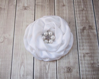 White Bridal Flower - Fascinator - Hair Flower - You choose rhinestone or pearl rhinestone accent -  Wedding Bridal Flower Girl