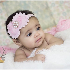 Pink Baby Headband with Rose Gold Pearl Rhinestone -  Vintage Shabby - Newborn Infant Baby Toddler Girls Adult Wedding Flower Girl