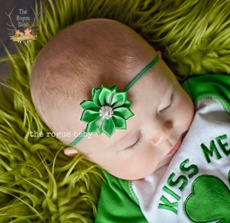 Emerald Green Satin Flower Petite Headband with Rhinestone Flower Girl Newborn Infant Baby Toddler Girls Preemie image 1