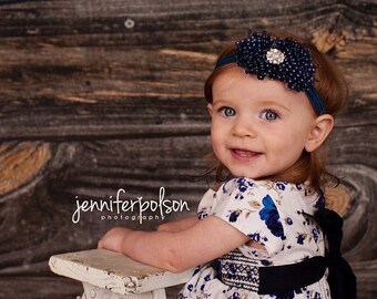 Baby Headband - Navy Blue with White Polka Dots & Rhinestone Newborn Headband -Toddler Headband - Photo Prop Flower Girl