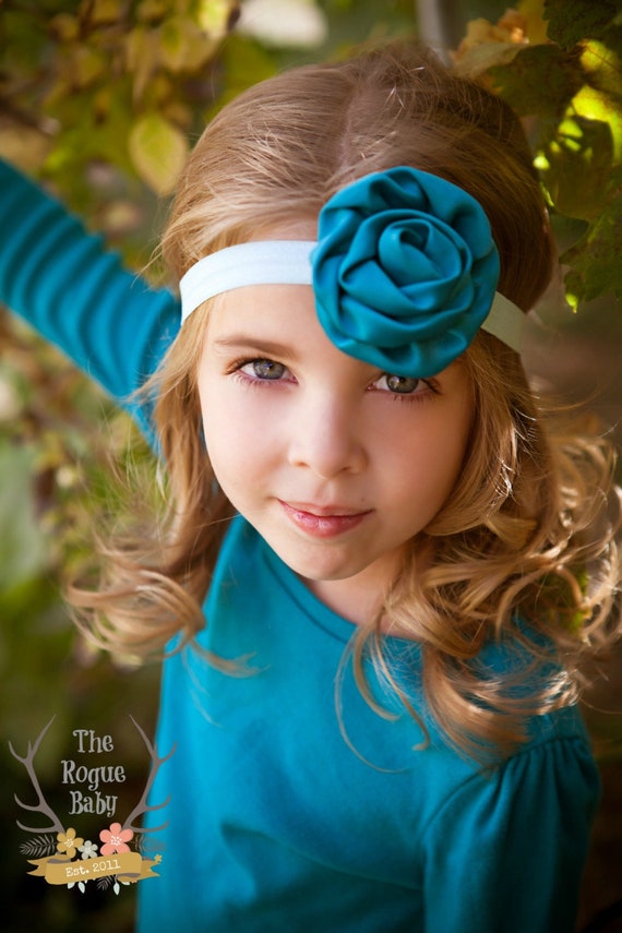 Teal Aqua Headband Satin Rosette Flower Headband Baby Girls