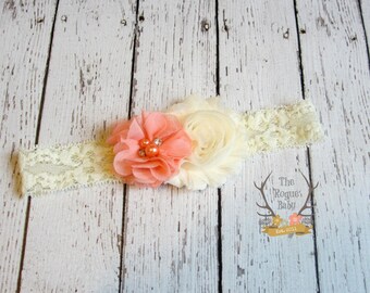 Ivory & Coral Lace Headband - Cream Headband - Baby Headband - Lace Headband - Rhinestone Pearls -  Flower Girl - Newborn Baby Girls Wedding