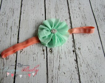 Petite Baby Headband - Mint Green & Coral Headband - Newborn Infant Toddler Girls Adult Wedding Pastel Green Baby Headband