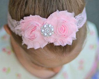 Pink Lace Headband Diamond Rhinestone -  Flower Girl - Newborn Infant Baby Toddler Girls Adult Wedding Baby Pink