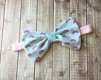 Rainbow Baby Blue and Pink Fabric Hair Bow Clip - You choose alligator clip or elastic band