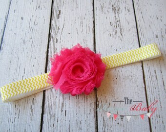 Hot Pink, Yellow, & White Chevron Headband -  Shabby Flower - Newborn Infant Baby Toddler Girls Adult