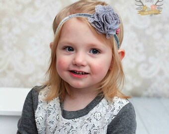 Silver Gray Headband for Baby Girl - Lace Tulle Glitter Elastic - Flower Headband - baby headband - girl headband