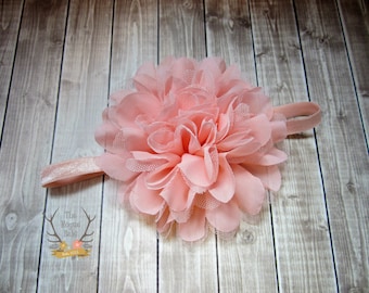 Peach Large Flower Headband - Flower Girl Newborn Baby Infant Toddler - Wedding Lace Chiffon Flower - peachy pink Over the Top Huge