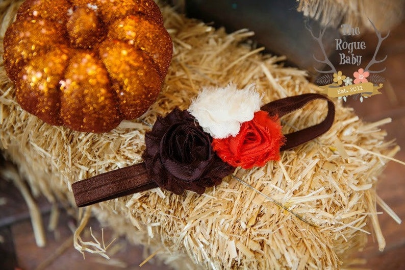 May include: A brown headband with three fabric flowers in shades of brown, white, and red. The headband is on a bed of straw with a small pumpkin in the background. The text "The Rogue Baby Est. 2011" is visible in the top right corner of the image.
