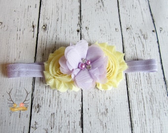 Yellow & Light Purple Headband - Newborn  - Baby - Photo Prop - Lilac - Lavender - Pale Yellow - Pearl Rhinestone - Flower Headband