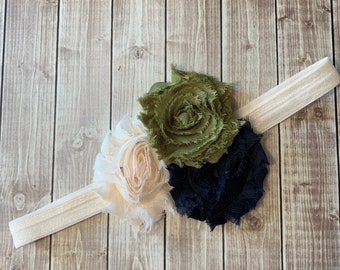 Cream Navy Blue Olive Green Fall Headband -  Baby Newborn Infant Photo Prop Toddlers Girls Women Autumn Ivory