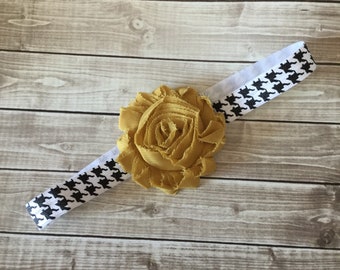 Houndstooth Headband - Baby Headband - Black White Golden Mustard Yellow Chiffon Flower -