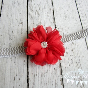 Chevron Headband - Red Chiffon Blossom Flower on Gray & White Zig Zag -  Petite Rhinestone- Newborn Infant Baby Toddler Girls Ladies