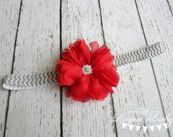 Chevron Headband - Red Chiffon Blossom Flower on Gray & White Zig Zag -  Petite Rhinestone- Newborn Infant Baby Toddler Girls Ladies