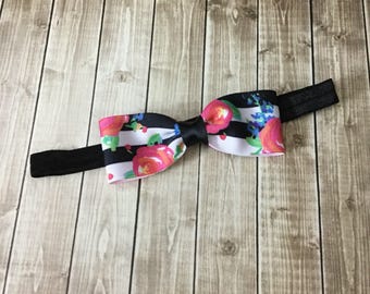 The Julia - Black White Stripes Floral Bow Headband - Newborn Infant Baby Toddler Girls Adult