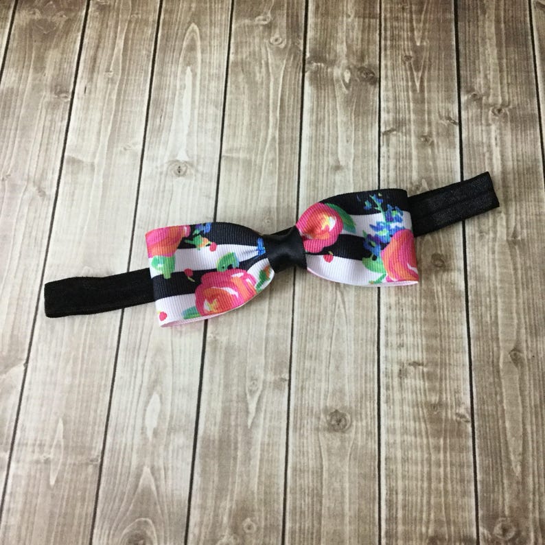 The Julia Black White Stripes Floral Bow Headband Newborn Infant Baby Toddler Girls Adult image 1