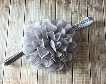 Gray and Silver Glitter - Large Flower Headband - Flower Girl Newborn Baby Infant Toddler - Wedding Lace Chiffon Flower Over the Top Huge