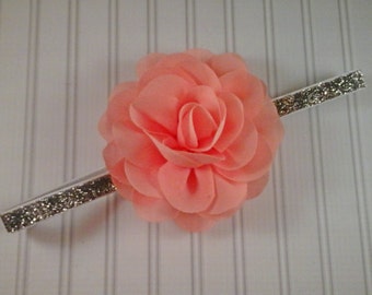 Coral & Silver Glitter Headband -  Baby - Newborn Infant Toddler Girls Adult Wedding Pastel Light Coral Peach Baby Headband