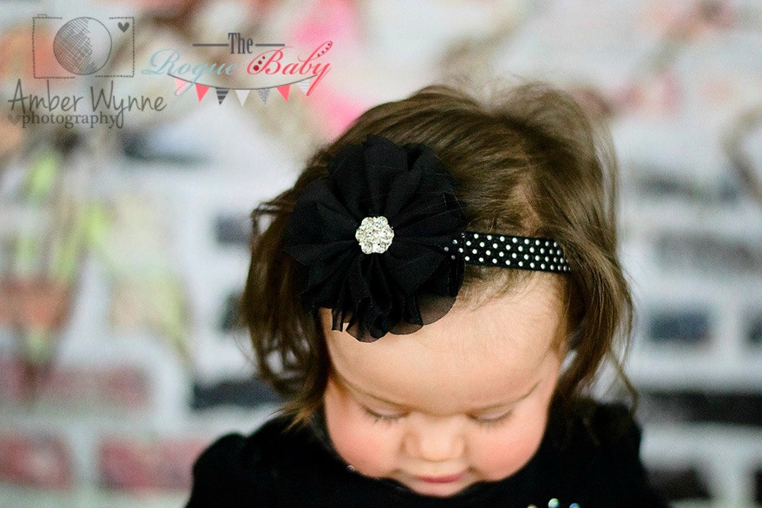 Chiffon Black White Polka Dots Elastic Headband - Baby Newborn Infant ...