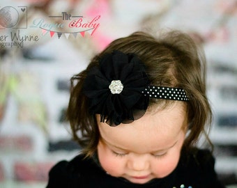 Chiffon Black White Polka Dots Elastic Headband - Baby Newborn Infant Toddlers Girls Women