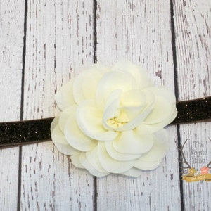 Ivory Cream Rose with Brown Glitter Headband Chiffon Glitter Elastic Fall Autumn Back to School Baby Newborn Flower Girl Fall Wedding image 3