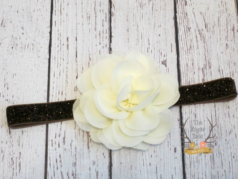 Ivory Cream Rose with Brown Glitter Headband Chiffon Glitter Elastic Fall Autumn Back to School Baby Newborn Flower Girl Fall Wedding image 3