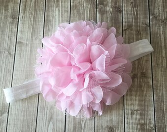 Pink and White Large Flower Headband - Flower Girl Newborn Baby Infant Toddler - Wedding Chiffon Flower pink Over the Top Huge