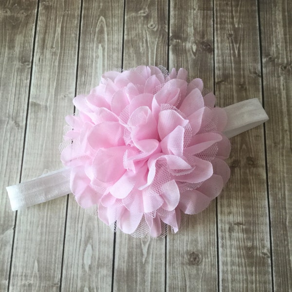 Pink and White Large Flower Headband - Flower Girl Newborn Baby Infant Toddler - Wedding Chiffon Flower pink Over the Top Huge