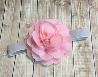 Gray Velvet Elastic with Pink Chiffon Rose Headband - Baby Headband -  Wedding Flower Girl - Photo Prop - Newborn Girls