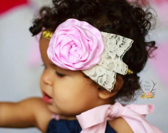 Pink Satin Flower & Gold Glitter Headband Lace Accent -  Newborn Infant Baby Toddler Girls Adult Wedding Flower Girl Cake Smash