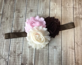 Cream Baby Pink and Brown Fall Headband -  Baby Newborn Infant Photo Prop Toddlers Girls Women Back to School Autumn