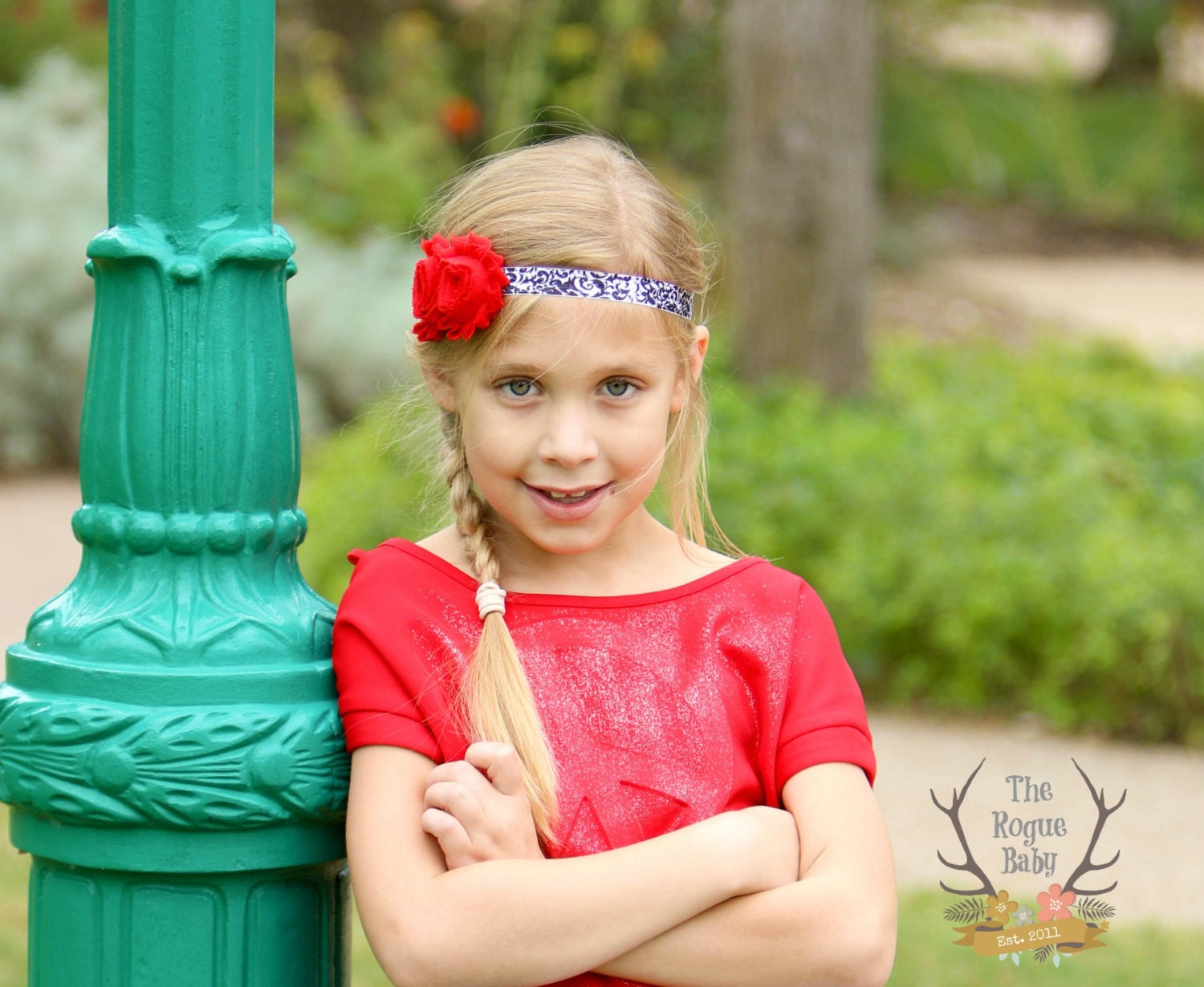 Black & White Damask Headband With Red Shabby Chiffon Flowers - Baby ...