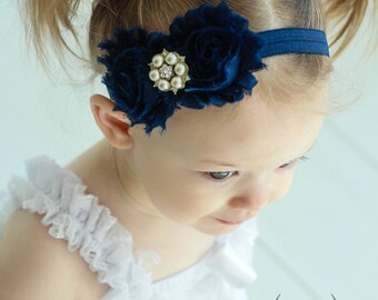 Sash & Headband Set  - Navy Blue Chiffon Satin Pearl Rhinestone - Baby Toddler Flower Girl Bridal Wedding