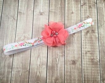 Coral Antler Floral Headband -  Rhinestone Pearl - Flower Girl - Headband - Newborn Infant Baby Toddler Girls Adult