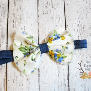 Navy Floral Fabric Bow Headband Navy Yellow White Blue Floral Newborn Infant Baby Toddler Girls image 2