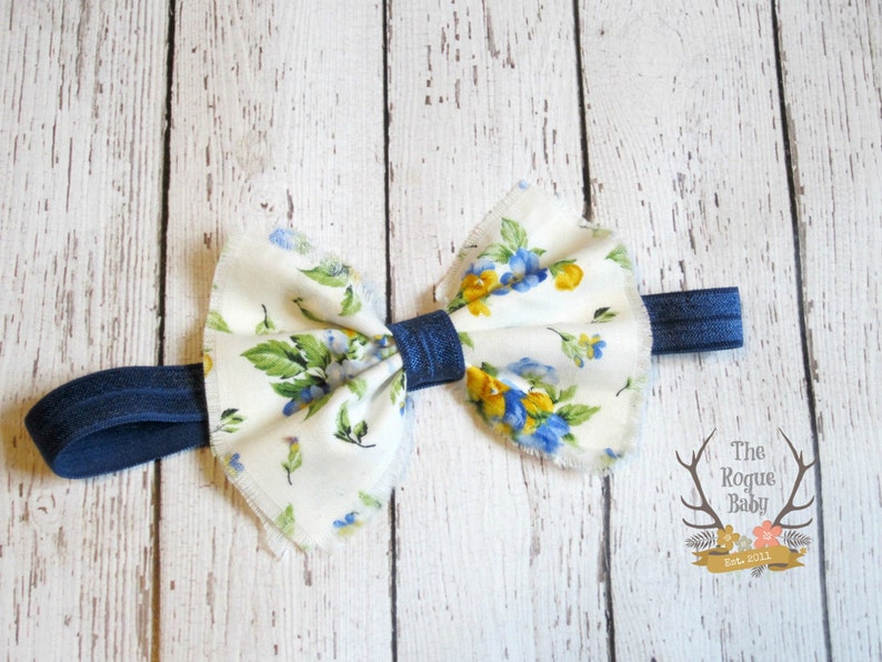 Navy Floral Fabric Bow Headband Navy Yellow White Blue Floral Newborn Infant Baby Toddler Girls image 2