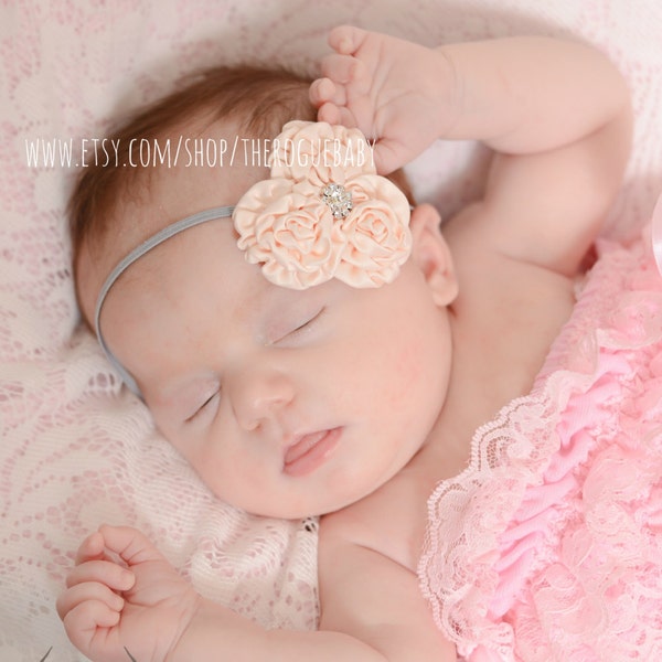 Newborn Baby Petite Headband. Photo Prop Gray Cream Champagne Rhinestones Preemie Wedding