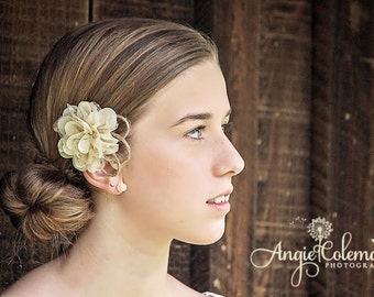 Rustic Wedding Hair Clip - Twine Lace & Chiffon - Alligator Clip - Wedding  Cream Burlap Bridesmaid Flower Girl