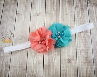 Baby Headband - Coral Dark Aqua / Jade with White - Rhinestone - Soft Chiffon Headband -Pearl Preemie Wedding Flower - Headband for Baby