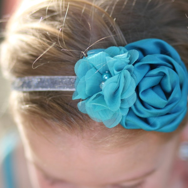 Teal & Silver Glitter Headband - Baby Toddler Girls Ladies  - Flower Girl - Wedding - Teal headband - Pearl Rhinestone Satin Rosette