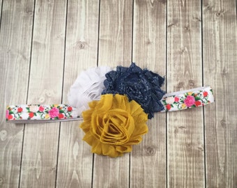 Denim mustard white floral Headband - Newborn Infant Baby Toddler Girls Adult Wedding Spring New Baby