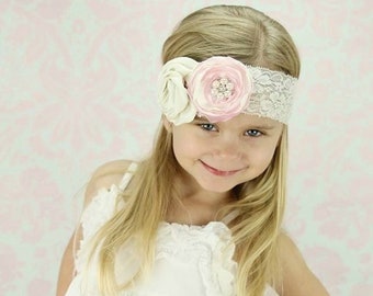 The Vintage Princess Ivory & Pink Lace Headband - Cream - Pearl Rhinestone - Wedding Bridal Birthday Flower Girl Shabby Chic