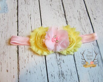 Yellow & Pink Headband - Newborn Headband - Baby Headband - Pink - Yellow - Pastel - Flower Headband - Cake Smash - Spring - Girls Headband