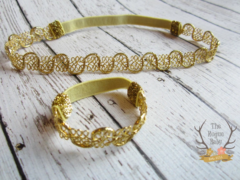 Girls Metallic Gold Boho Headband & Bracelet Set Gold Headband Metallic Headband Baby Headband Gold Bracelet Halo Headband Gold image 3