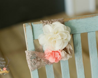 Lace Headband - Cream Ivory Coral Champagne Nude - Pearl Rhinestone - Wedding Bridal Birthday Flower Girl Shabby Chic Vintage