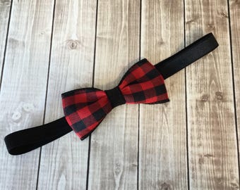 Petite Buffalo Plaid Hair Bow Headband  - Red Black Checkered Fabric