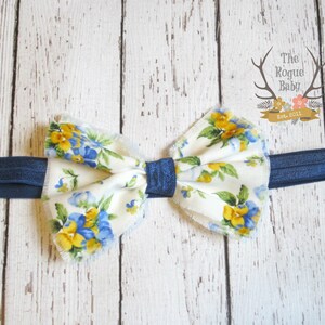 Navy Floral Fabric Bow Headband Navy Yellow White Blue Floral Newborn Infant Baby Toddler Girls image 3