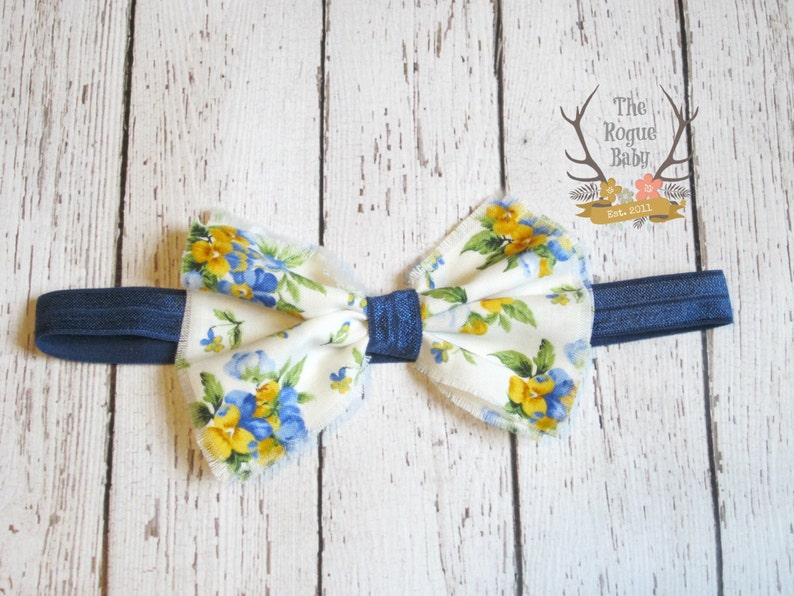 Navy Floral Fabric Bow Headband Navy Yellow White Blue Floral Newborn Infant Baby Toddler Girls image 3