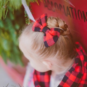 Buffalo Plaid Bow Blue & Black Flannel Fabric Hair Bow Clip image 2